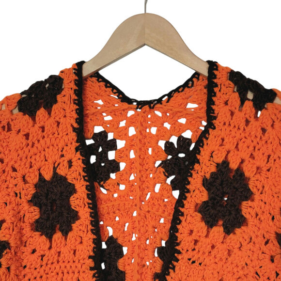 Crochet Flower Cardigan Retro Y2K Boho Sweater Orange Brown 70s Medium Large - Picture 3 of 12
